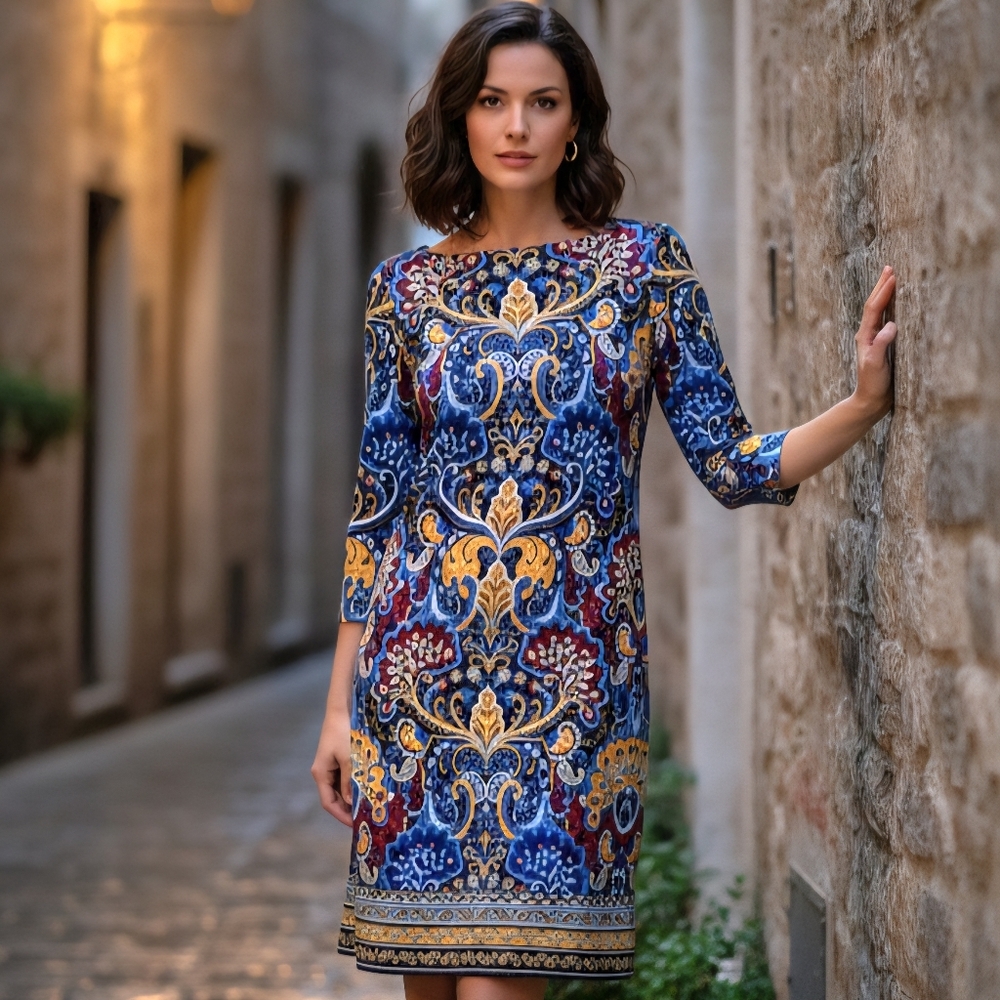 Talbots Paisley Medallion Shift Dress Sz LP Petite Blue Gold 3/4 Sleeve Stretch